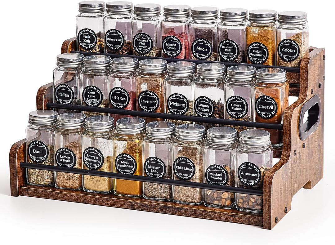 Wood Spice Rack Organizer for Cabinet, 3 Tier Spice Shelf Storage, Kitchen Seasoning Organizer for Spice Bottles, Jars, Seasonings, Baking Supplies