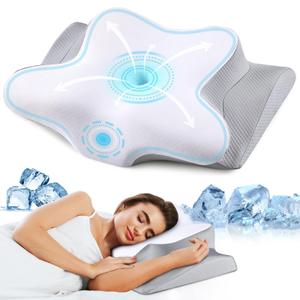 Cervical Pillow for Neck Pain Relief, Cooling Contour Memory Foam Pillows Support Odorless Ergonomic Neck Pillow Adjustable Orthopedic Bed Pillow for Side Back Stomach Sleeper with Pillowcase, Grey