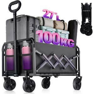 Collapsible Folding Wagon Cart with Wheel - 100KG Foldable Wagon Carts with 360° Rotatable & All Terrain Wheels, Portable Lightweight Wagon Cart for Sports/Camping/Fishing/Gardening