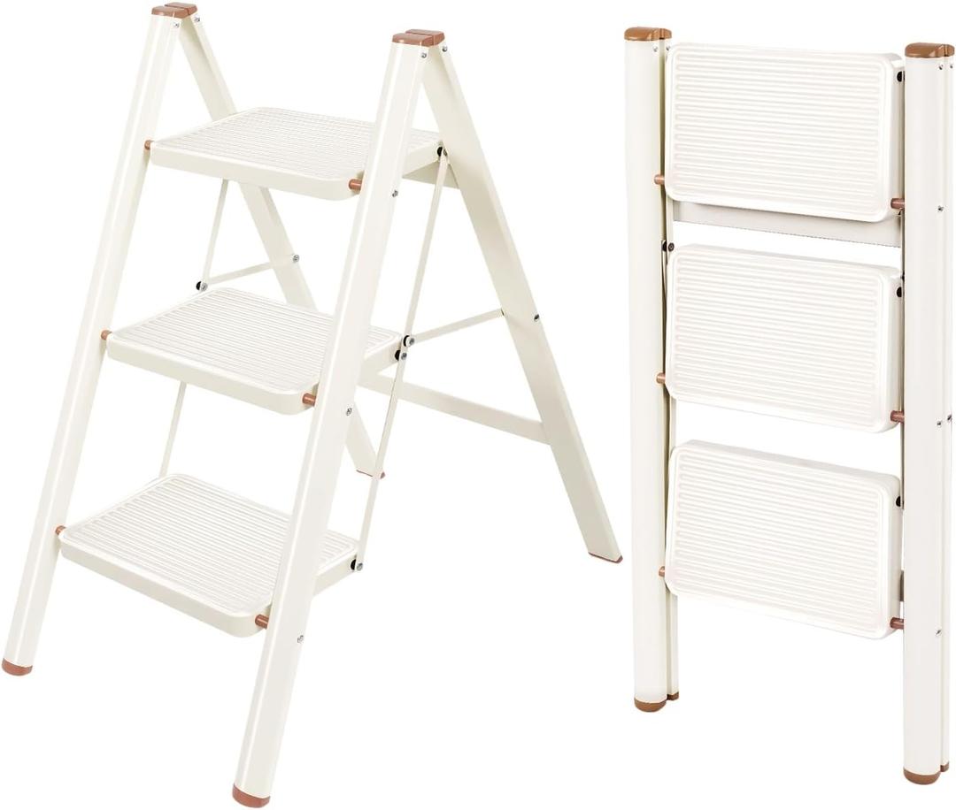 Valeo 3 Step Ladder,Lightweight Folding Step Stool with Wide Anti-Slip Pedal, 330LBS Capacity, Heavy Duty,Sturdy Iron Metal Step Stool for Home, Kitchen, Closet, Adults, Cream White