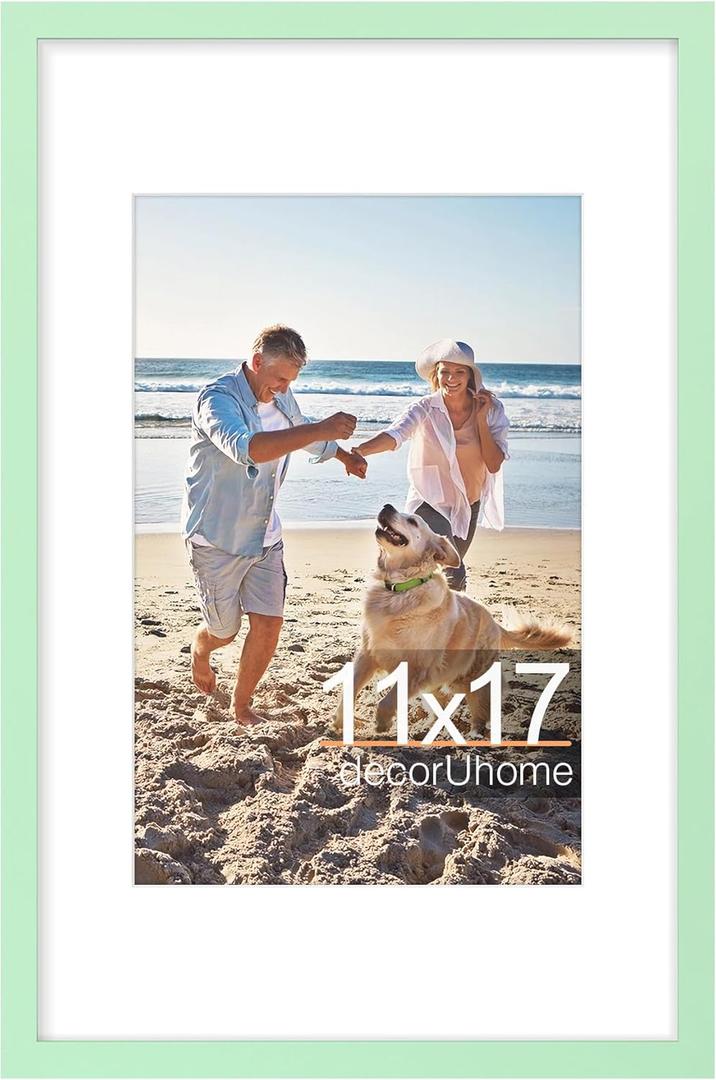 decorUhome 11x17 Picture Frame, Display Pictures 8x12 with Mat or 11x17 without Mat, Wall Hanging Poster Frame, Light Green, 1 Pack
