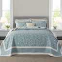 FineStichery Oversized Quilt Bedspread Coverlet Set, 102"x120" 100% Cotton Extra Large Quilt, Botanical Pattern, Lightweight Quilted Reversible Bedding Set with 2 Pillow Shams, Teal/Beige