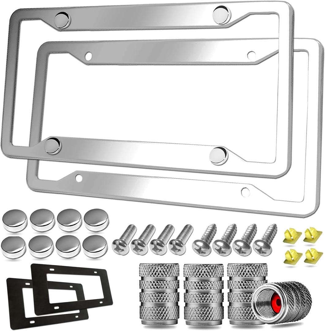 Stainless Steel License Plate Frames- 2 Pack Mirror Polished Car Plate Holder, with Screws, Chrome Caps, Heavy Duty Rustproof Metal Front Rear Car Tag Frame