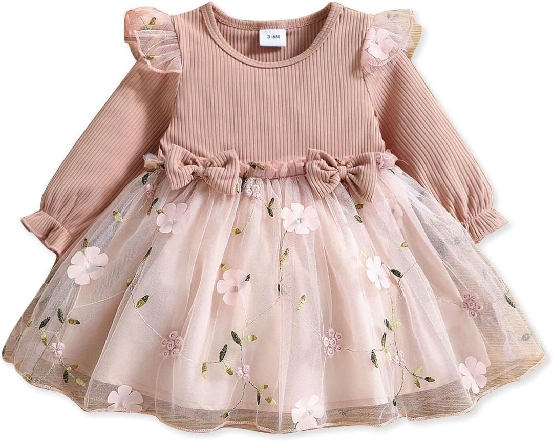 PATPAT Baby Girl Dresses Ruffle Sleeve Tutu Dress Butterfly Tulle Dress Flower Girl Party Birthday Princess Dresses (3-6 Months, Pink-2)
