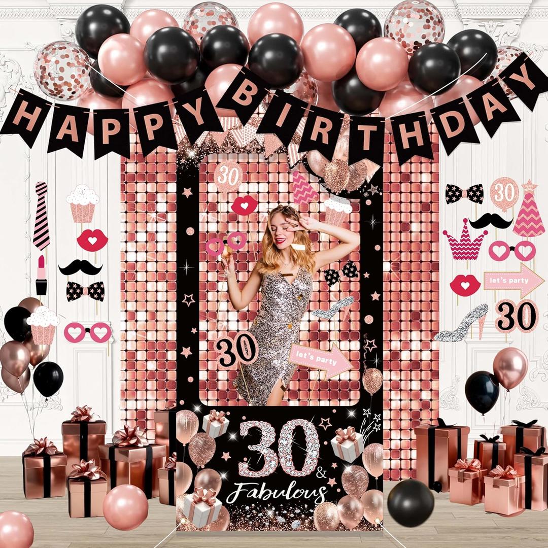 Black Pink Birthday Decorations for Women,Photo Booth Props for girl, Banner, Balloons,Party supplies (30th)