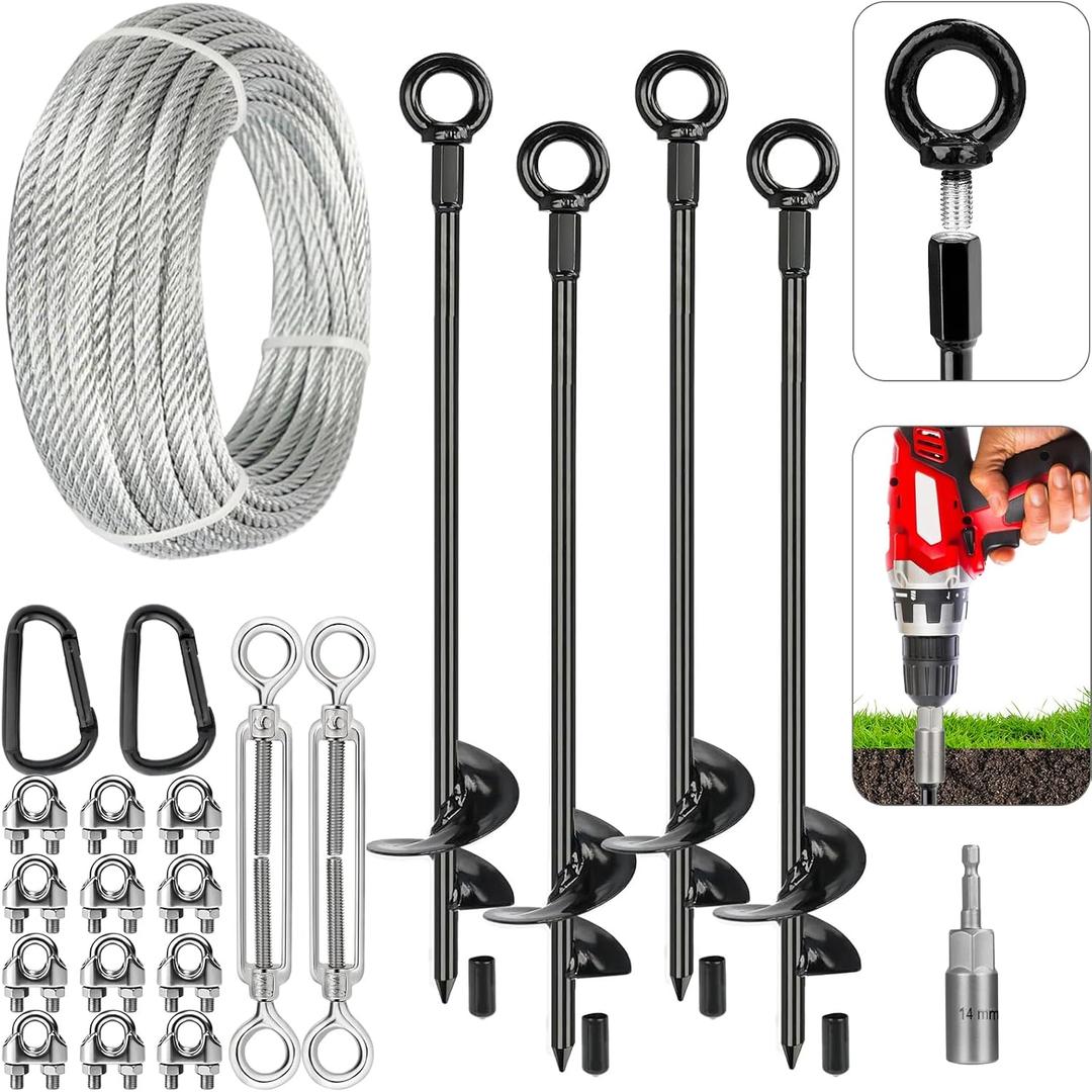 tinnmao 30'' Ground Anchors Kit Heavy Duty, Galvanized Steel Anchors with Cable & Turnbuckle, for Shed, Trailer, Mobile Home, Trampoline, Camping Tent, RV