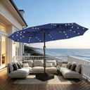 15FT Patio Umbrella with Solar Lights, Double-Sided Extra Large Outdoor Table Umbrella with Base Included, Heavy-Duty 12 Iron Ribs Market Umbrella for Garden, Pool, Backyard, Navy Blue