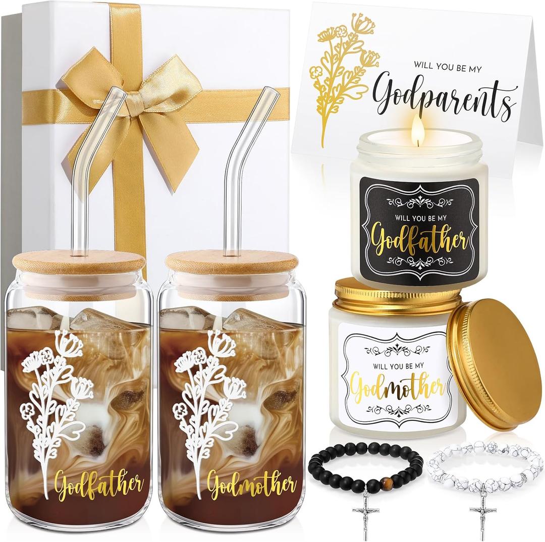 9 Pcs Godparents Proposal Gift Set Will You Be My Godmother Godfather Glass Cup Scented Candle Cross Bracelet Cards Box from Godchild Baptism Padrino Madrina Uncle Aunt Gifts