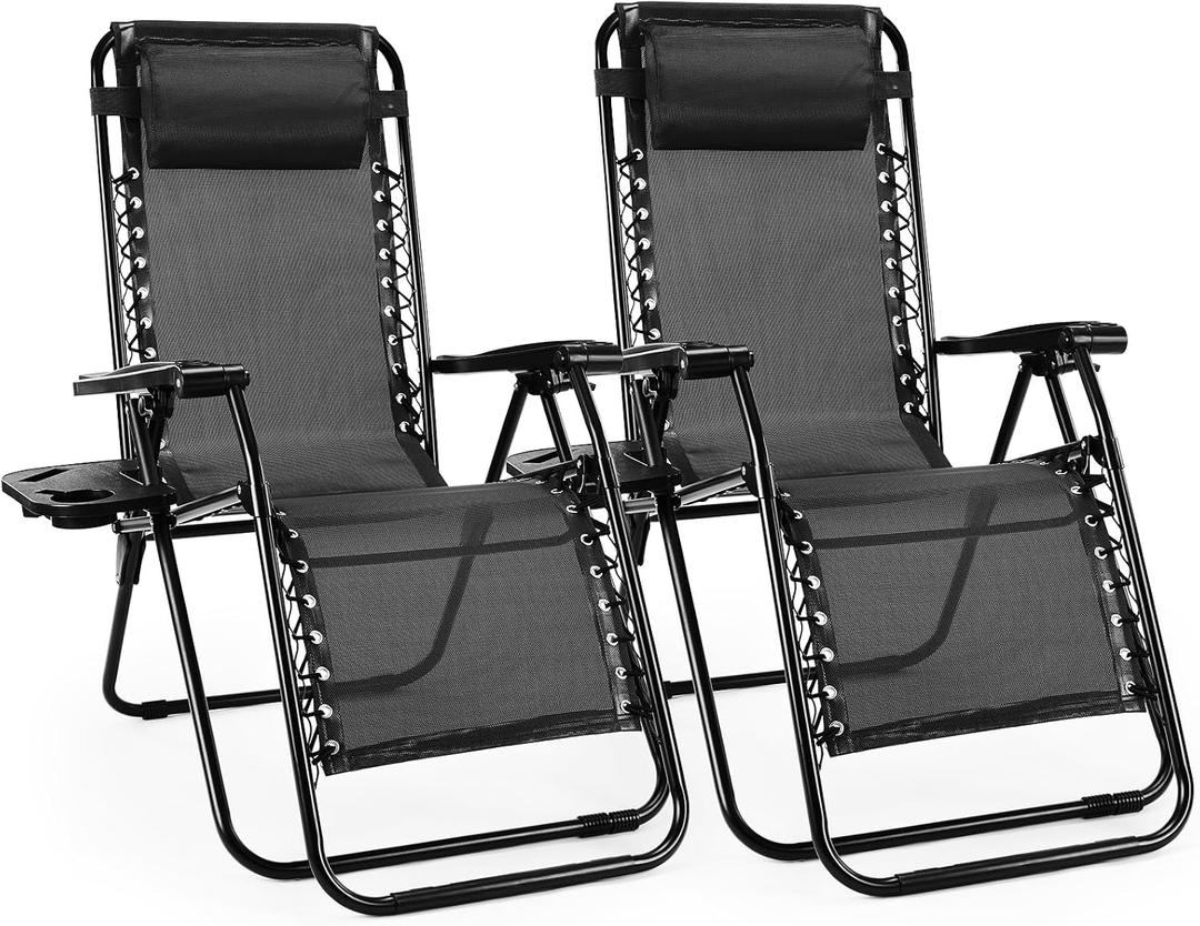 Sweetcrispy Zero Gravity Chairs, Set of 2 Portable Recliner Beach Camping Patio Outdoor Folding Lounge Chair with Cup Holder Trays and Adjustable Pillow for Poolside, Garden, Backyard, Lawn (Black), 2pcs