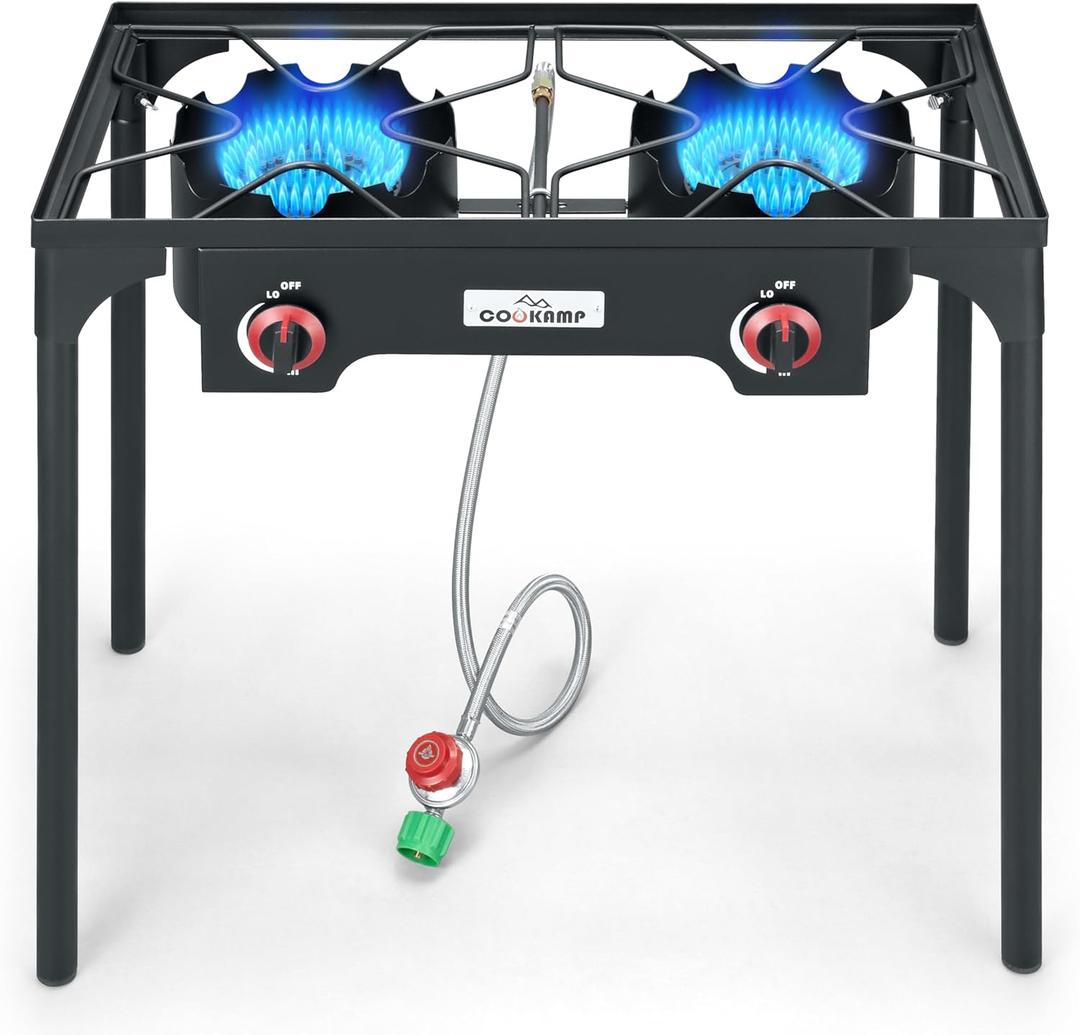 COOKAMP High Pressure Double Propane Burner Outdoor Camping Stove with 0-20 PSI Adjustable Regulator and Steel Braided Hose (Two Burner Stove)