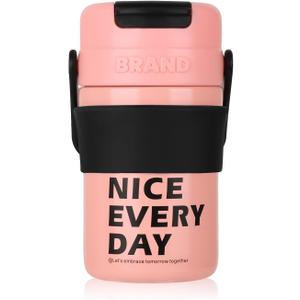 YCT Insulated Travel Coffee Cup 15 oz - Portable Stainless Steel Bottle - Spill Proof and Leak Proof - Reusable for Hot and Cold Beverages (Pink)