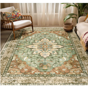 RELEANY Washable Area Rug, 5'x7', Brick/Brown/Green
Non-Slip, Water Repellent, Pet Friendly, Easy to Clean, Vintage Floral Boho Decor for Living Room Bedroom Dining Room Office