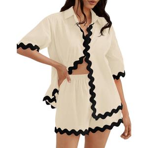 ZESICA Women's Button Down Pajama Set Line Short Sleeve Shirt and Shorts Pj Lounge Sets Sleepwear with Pockets (Small, Beige)
