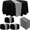 Oudain Cars Birthday Racing Decorations - Round Tablecloth, Checkered Flag Table Covers, Road Plastic Table Cloth, 1950s Disco Dancing Party Tablecloth (Black,6 Pcs)