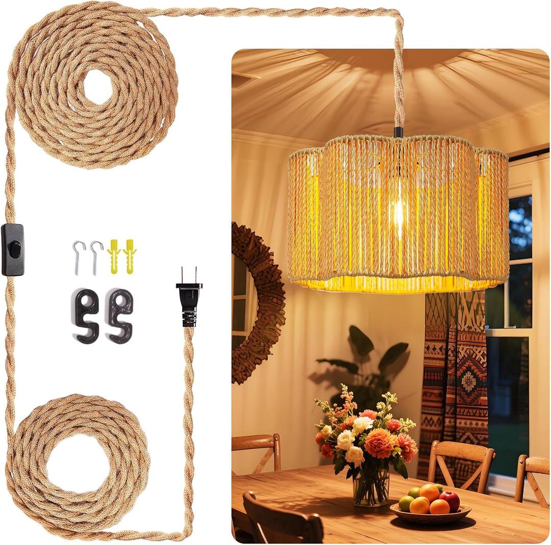 Hanging Lamps Rattan Pendant Light Hanging Lights 16.4ft Plug in Cord Pendant Light Fixture Plug Into Wall Outlet Pendant Lighting with On Off Switch for Bedroom Living (Cylindrical Flower Shade)