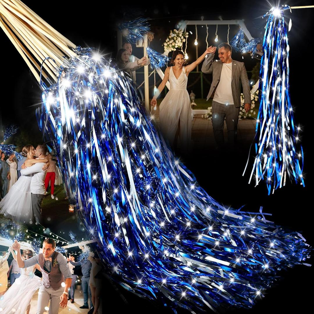 24 Pcs Lighted Wedding Wands LED Tinsel Wands Light up Streamers Sparklers for Wedding Send Off and Exits Birthday Party Props Favors(Blue Silver Tinsel)