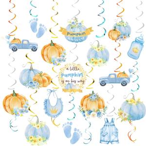 Fumete 72 Pcs Blue Little Pumpkin Baby Shower Decorations Fall a Little Pumpkin Is on His Way Hanging Swirls Autumn Thanksgiving Baby Shower Party Ceiling Streamers Decor for Home Party Supplies