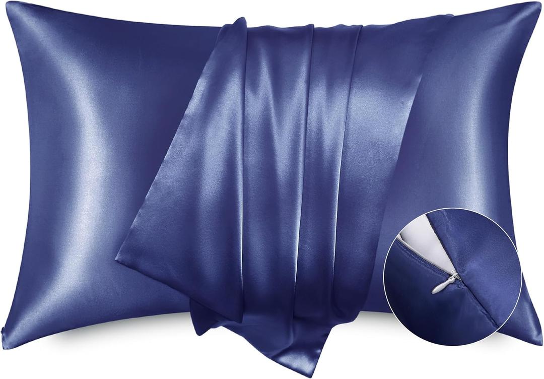 Bedsure Satin Pillowcase with Zipper, Similar to Silk Pillow Cases 2 Pack, Satin Pillow Cases Queen Size Set of 2, Silky & Soft Navy Pillow Covers for Hair and Skin, Gifts for Women Men, 20x30 Inches
