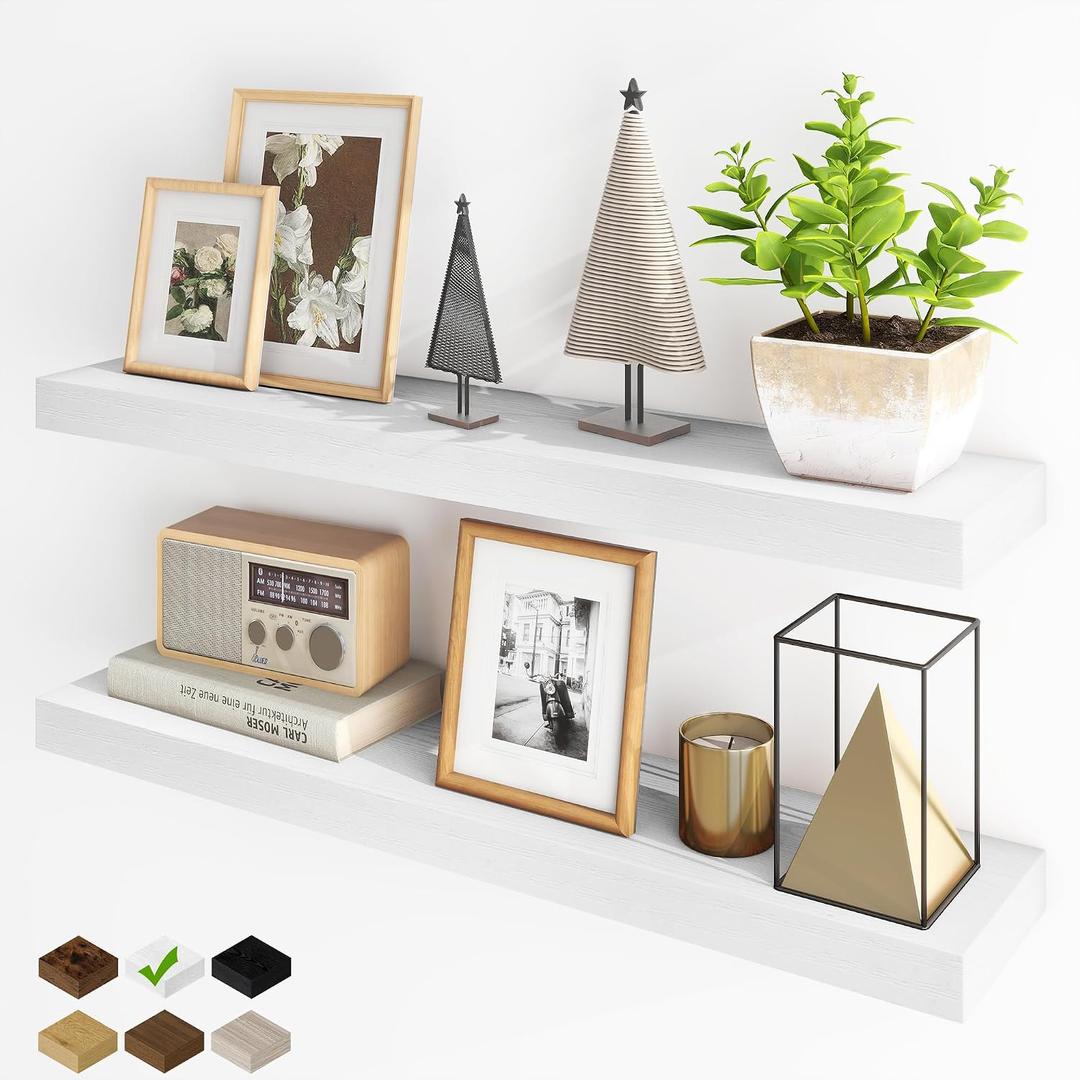 Fun Memories Floating Shelves for Wall, 36Inch Floating Shelves Set of 2, Hanging Shelf with Invisible Brackets, Bathroom Shelves for Living Room, Bedroom, Kitchen- White