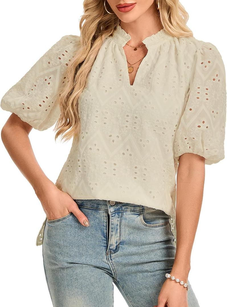 Women's V Neck Blouses Dressy Casual Puff Short Sleeve Shirts Hollow Summer Tops Business Women, L (White)