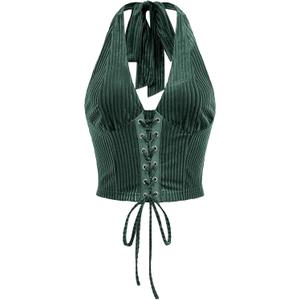 Verdusa Women's Going Out Halter Corset Top Sleeveless Lace Up Open Back Crop Tops (Green, M)
