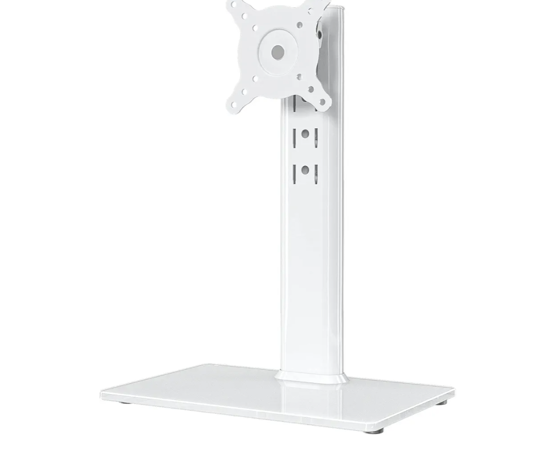 Hemudu Single LCD Computer Monitor Free-Standing Desk Stand Riser for 13 inch to 32 inch Screen with Swivel, Height Adjustable, Rotation, Holds One (1) Screen up to 77Lbs(HT05W-001) White
