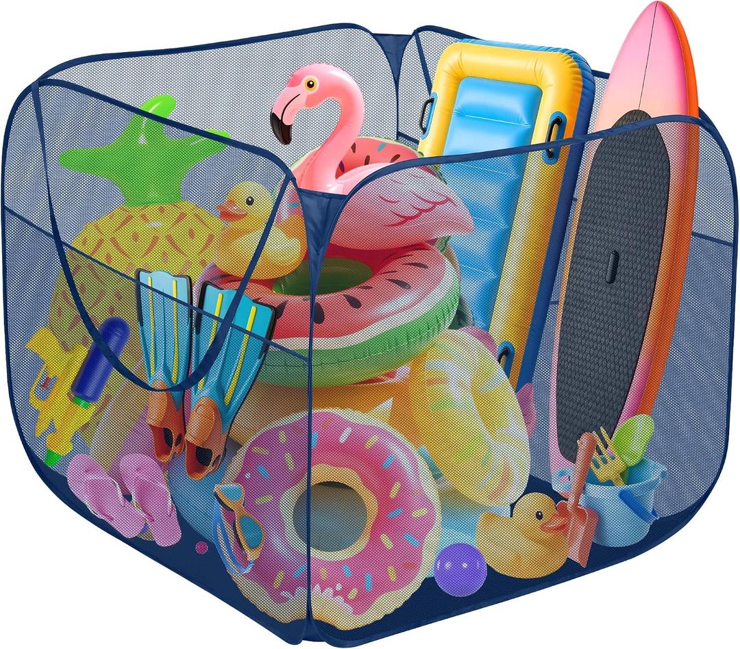 Hahood Pop-up Pool Toy Storage Bin 31 x 31 x 31 Inch Mesh Pool Organizer Bag with 2 Side Pockets for Inflatable Toys, Floats, Beach Balls,Towels and Other Swimming Accessories