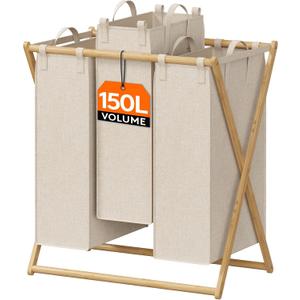 Lifewit 150L Large Laundry Hamper 3 Section, Collapsible Bamboo X-Frame Laundry Basket Sorter, Clothes Hamper with 3 Removable Bags for Laundry Room Bedroom Bathroom, Beige