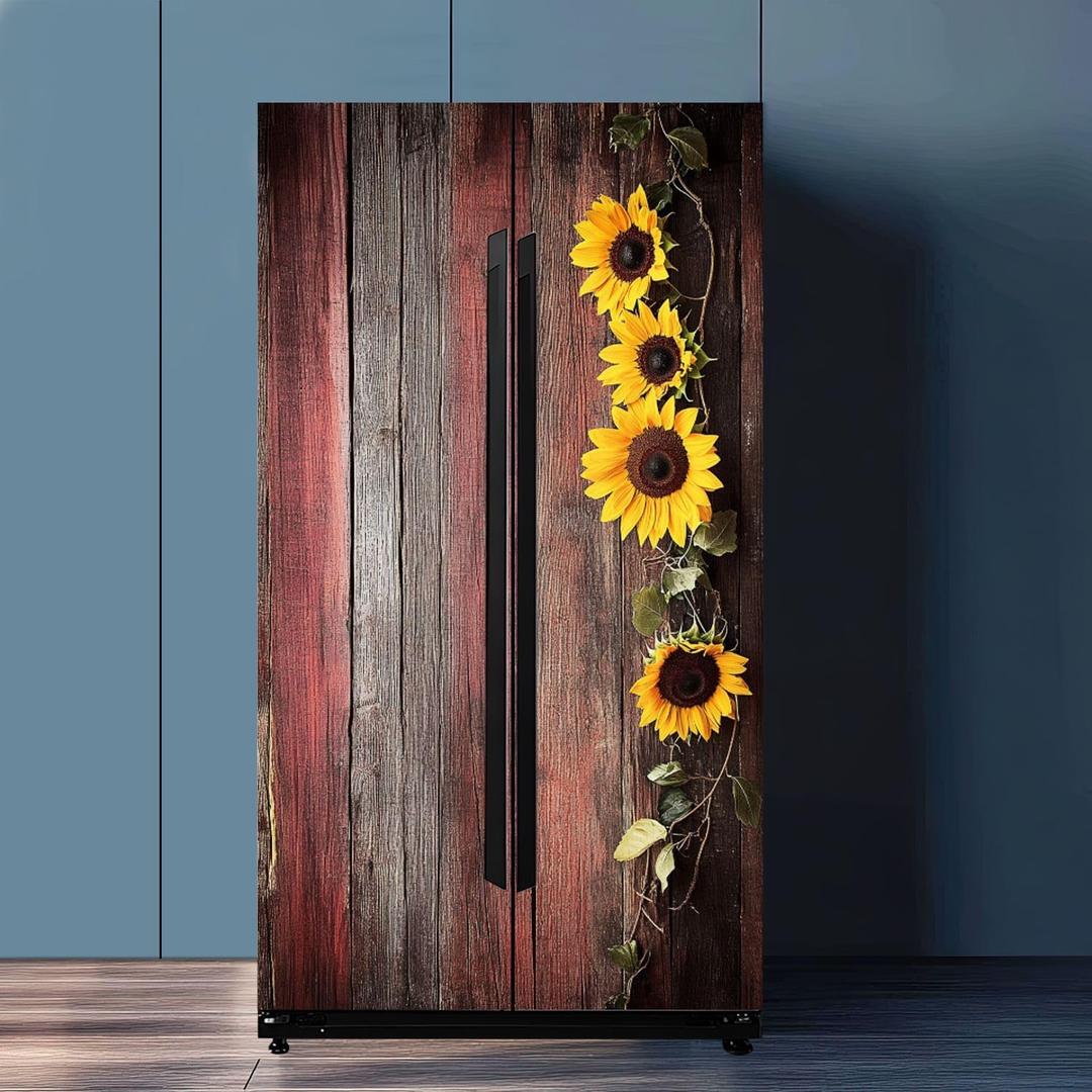 Self Adhesive Vinyl Refrigerator Wrap Set Sunflowers an Door Self Stick Door Mural Sticker Removable Refrigerator Wrap Decal Kitchen Bar Decor (32.3" x 78.7", Item9)