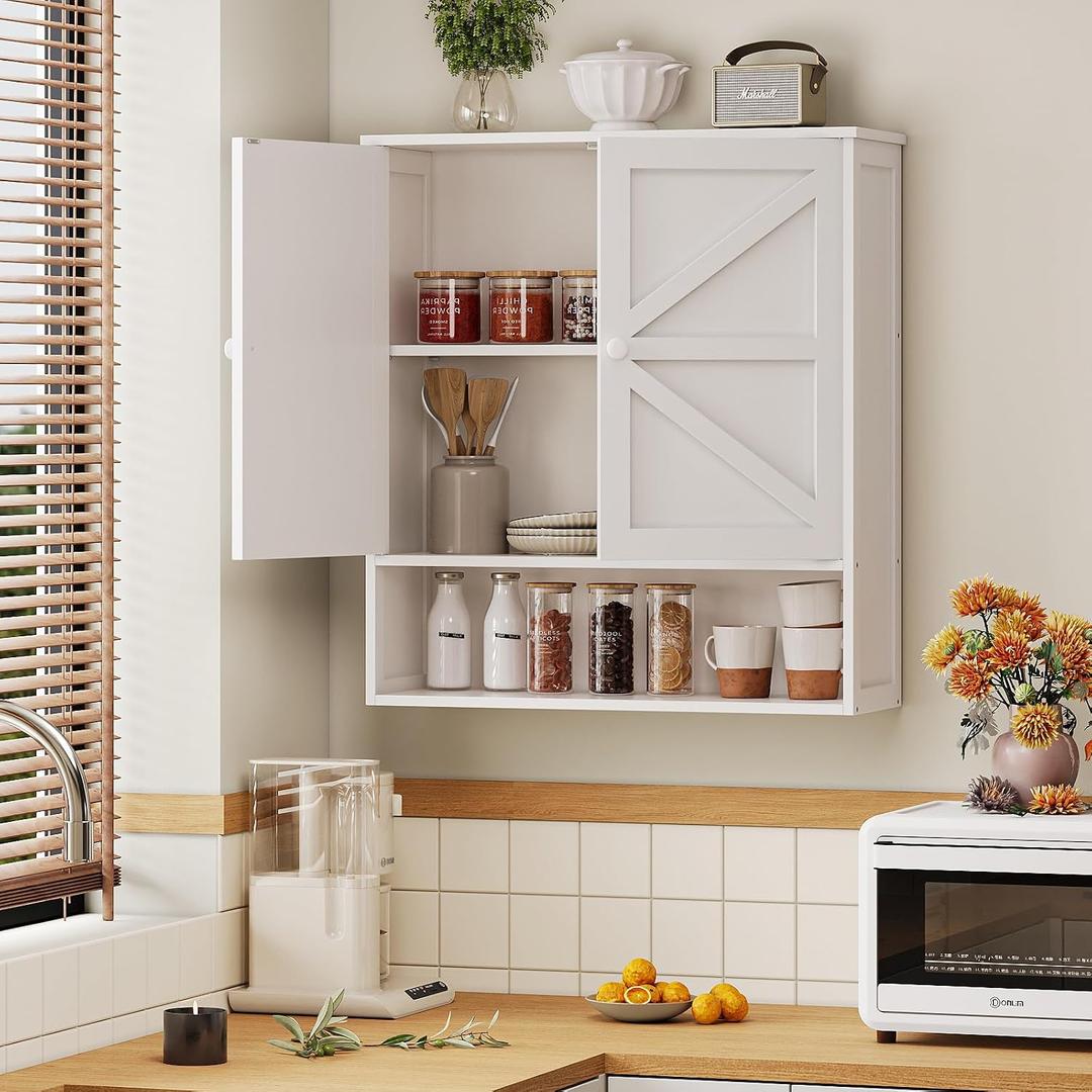 Bathroom Wall Cabinet, White 25.9" x 23.6" Over The Toilet Storage Cabinet, Bamboo Wall Mounted Bathroom Cabinet with Adjustable Shelves for Kitchen & Laundry Room (White)