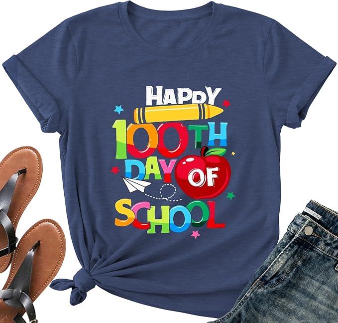 Happy 100 Days of School Teacher Shirt-Women 100th Day Teacher Life Short Sleeve Cute School Days Tee Top, Small
