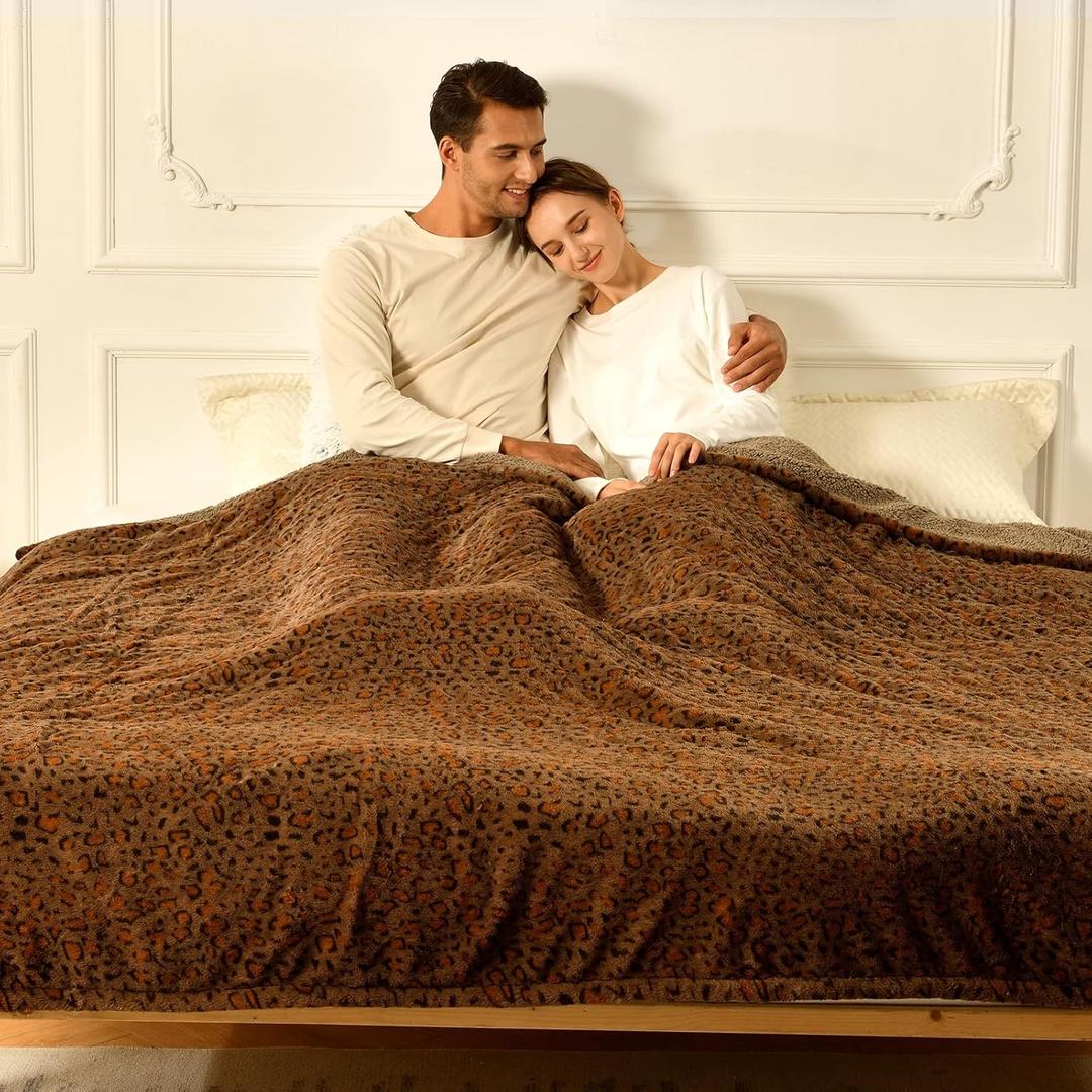 Bearhug Electric Blanket Queen Size, 84" x 90" Heated Blanket Dual Controllers, Faux Fur & Sherpa, 10 Heating Levels & 1-12H Auto Off, Over-Heat Protect, ETL, Machine Washable (Brown Leopard)