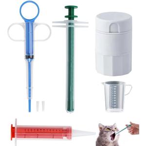 Cat Pill Shooter 5-in-1 Kit, Pet Pill Cutter and Crusher for Cats and Dogs, Dog Tablet Soft Tip Syringe and Medical Feeding Liquid Dispenser Tool with Plastic Measuring Cup 100ml