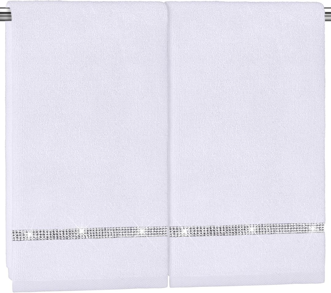 2 Pcs White Sparkling Hand Towels with Rhinestones for Bathroom 100% Cotton Glitter Soft Elegant Hand Bath Towels Absorbent Machine Washable for Spa Yoga Hotel Sport, 29.5" x 13.8"