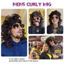Mens Curly Wig + Glasses + Gold Chain + Peace Sign Necklace +Mustache + Wig Cap Long Curly Brown Wigs for 70s Disco Party Cosplay Costume Halloween Use6pcs Set