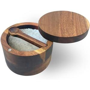 6.5 Ounce Acacia Wood Spice Box with Built In Spoon and Magnetic Rotating Lid Elegant Kitchen Salt Container Holder for Storing Pepper Spices Salt or Your Favorite Seasonings
