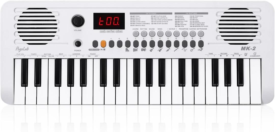 MK-2 37 Keys Kids Keyboard Piano, Portable Small Keyboard with 40 Songs, 200 Sounds, with MIDI Function, LED Display & Dual Speakers, Compact Mini Music Piano for Kids/Beginners (White)