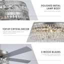 52" Silver Crystal Chandelier Ceiling Fans with Lights and Remote Control | Classical Design,6 Reversible Speeds,30W Quiet DC Motor,5 Wooden Blades,2*E12 LED Bulbs Included,for Living Room Bedroom