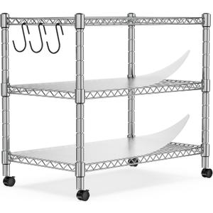 Heavy Duty 3-Shelf Shelving Unit, 24.02" W x 13.78" D x 21.97" H Chrome Steel Storage Rack with Wheels, 2 PP Shelf Liners and Hooks, Adjustable Under Desk Organizer for Kitchen, Office, Garage, 3-Tier, Set