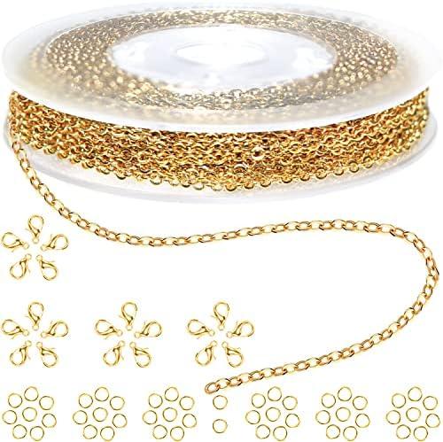 Jishi 33ft Stainless Steel Gold Plated Chain for Jewelry Making Supplies - 2mm 18K Gold Plated Non Tarnish - 33ft Roll with Lobster Clasps, Jump Rings - Gold