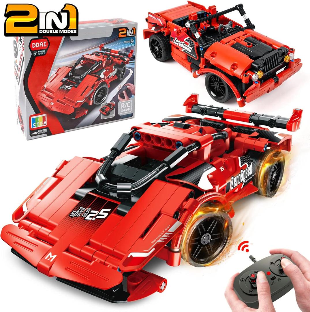 GAMZOO RC Toy Best Birthday Gifts for Age 6 7 8 9 10 11 12 Years Old Kids Boys Girls 2 in 1 Remote Control Racing Car Building Blocks 351 Pcs DIY Building Kits Engineering Construction Toy (Red)