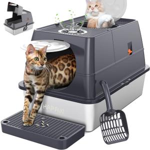 Hapaw Stainless Steel Litter Box with Lid, 135 Flip-Top Extra Large Cat Litter Pan, Enclosed Metal Litter Box with Litter Scoop & Filter Pedal, Odor Free, Front & Top Dual Entry (Dark Gray)