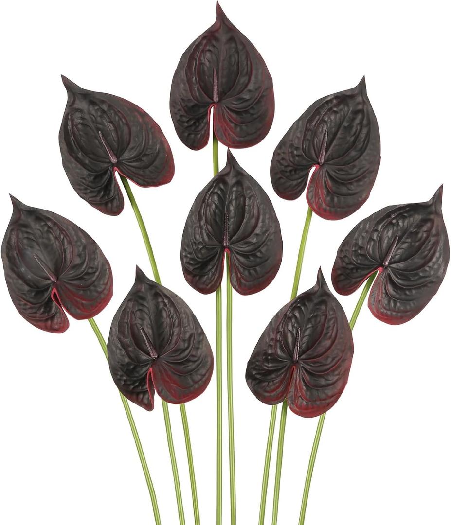 8PCS Burgundy Faux Anthurium Flowers 24.8’’ Real Touch Flowers Long Stem Artificial Anthurium for Vase Table Centerpiece Home Wedding Party Garden Spring Decoration(Burgundy)