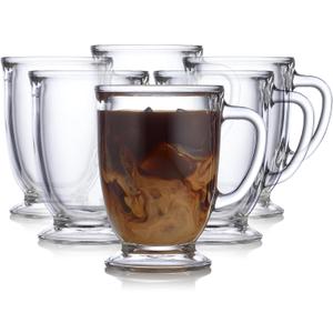 Libbey Kona Glass Coffee Mugs Set of 6 , Elegant 16 Ounce Clear Tea Mug , Dishwasher Safe Glass Mugs with Handles for Tea, Coffee,and Espresso