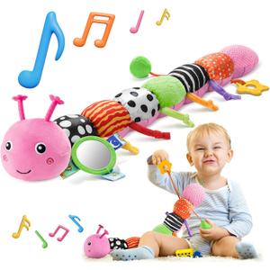 HEMRLY Baby Sensory Toy 0-6 Months, Musical Stuffed Caterpillar Plush with Teether, Crinkle, Rattle, Baby Mirror for Tummy Time, Infant Car Seat Toy for 0-3-6-12 Month Boys Girls Gifts - Knotted Pink