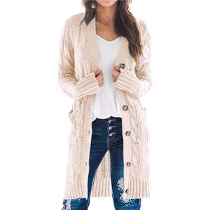 PRETTYGARDEN Long Sleeve Cable Knit Long Cardigan for Women 2026 Spring Winter Chunky Open Front Button Sweaters with Pockets (L)