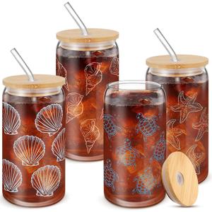 Reallnaive 4 Pcs 16oz Ocean Themed Gifts Beach Drinking Glasses Cup with Bamboo Lids and Straws Shell Sea Turtle Starfish Conch Coffee Glass Tumbler for Seashore Coastal Lovers Beach Party Gifts
