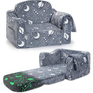 Comfy Toddler Couch and Chair for Kids with Blanket, 2-in-1 Soft Plush Fold Out Kids Sofa Chairs for Girls and Boys, Convertible Sofa to Lounger for Playroom, Glowing Starry Sky (Blue)