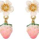 Pink Strawberry Flower Drop Earrings - Cute Enamel Fruit & Floral Earrings for Women, 18K Gold Plated Dainty Aesthetic Jewelry