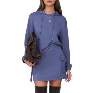 EXLURA Women Two Piece Set Cotton Sweatsuit Travel Airport Outfits 2026 Tracksuit Hooded Sweatshirt Cargo Skort Skirt Pockets (Medium, Dark Blue)